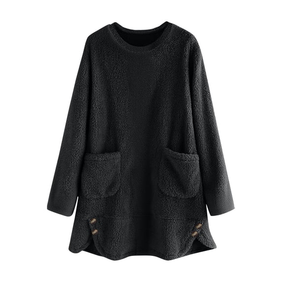 Women's Sweatshirt Sherpa Fuzzy Fleece Long Crewneck Sweater Soft Cozy Pullover Winter Warm Loungewear Tops, XXL Black