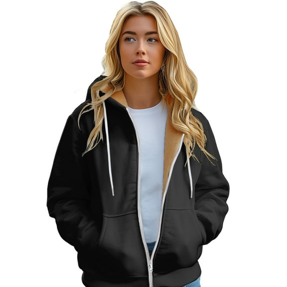 Women's Sweatshirt Simple Solid Color Zipper Hoodie Drawstring with Pockets Thickened Padded