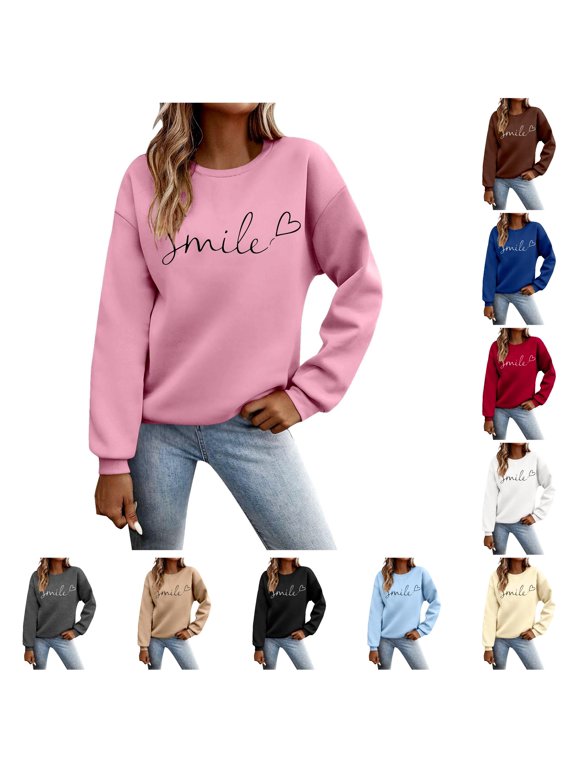 Women's Sweatshirt Smile Heart Graphic Crew Neck Long Sleeve Pullover Sweatshirt Cottagecore Casual Top