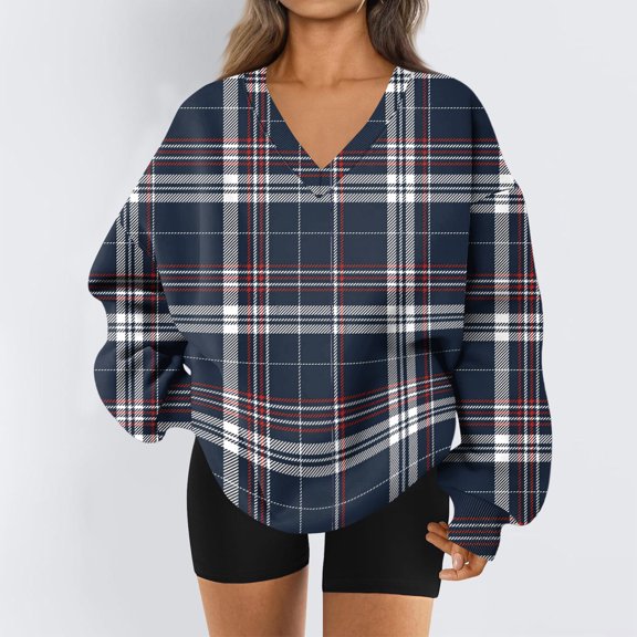 Women's Sweatshirt Sports Flannel Long Sleeve Top Casual V-Neck Sweatshirt Retro Design for Women Comfort Daily Pullover,Navy,3XL