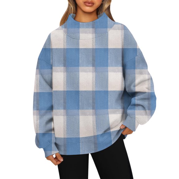 Women's Sweatshirt Sports Flannel Long Sleeve Top Fashion Retro Print High Neck Sweatshirt Comfort Pullover for Women Daily Wear,Blue,M