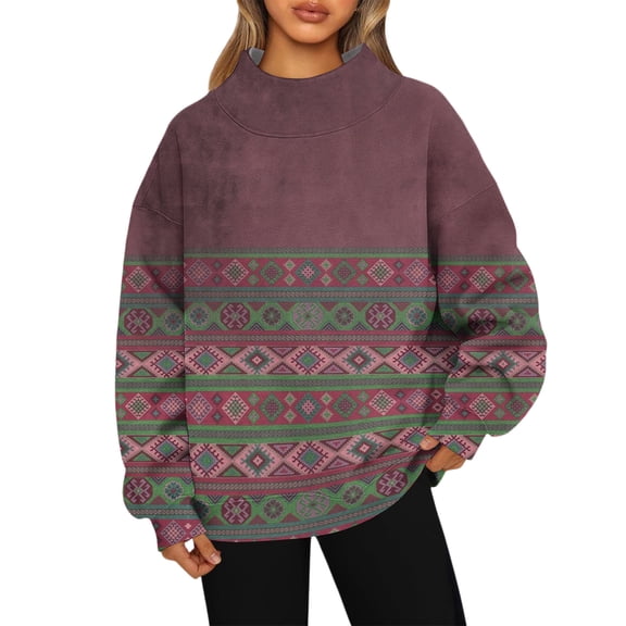 Women's Sweatshirt Sports Flannel Long Sleeve Top Fashion Retro Print High Neck Sweatshirt Comfort Pullover for Women Daily Wear,Coffee,M