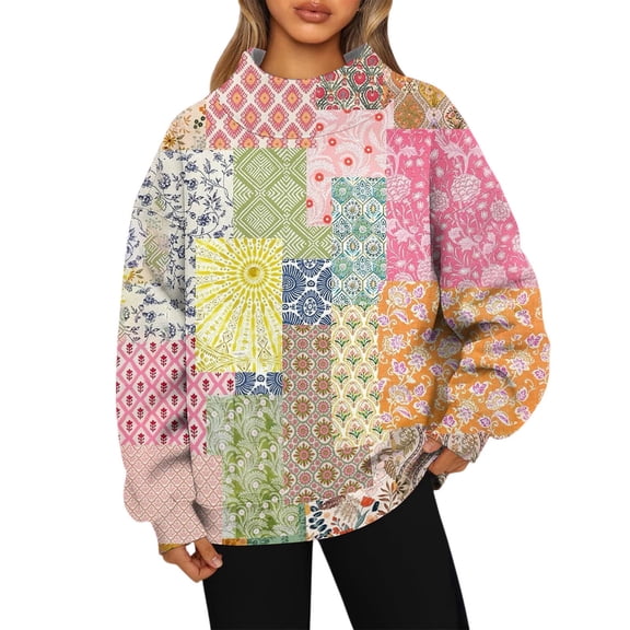 Women's Sweatshirt Sports Flannel Long Sleeve Top Fashion Retro Print High Neck Sweatshirt Comfort Pullover for Women Daily Wear,Multicolor,2XL