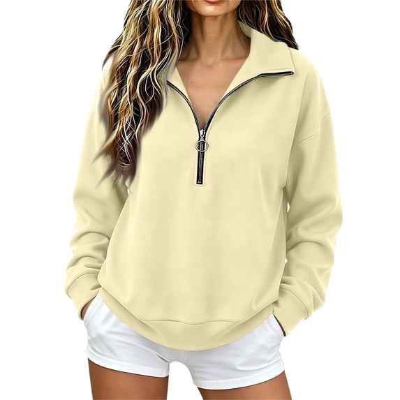 Women's Sweatshirt Stand Collar Sweatshirt Soft Winter Quarter Zip Pullover Women Casual Layering Long Sleeve Tops Beige L 1 Pcs