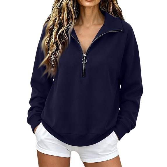 Women's Sweatshirt Stand Collar Sweatshirt Soft Winter Quarter Zip Pullover Women Casual Layering Long Sleeve Tops Navy XL 1 Pcs