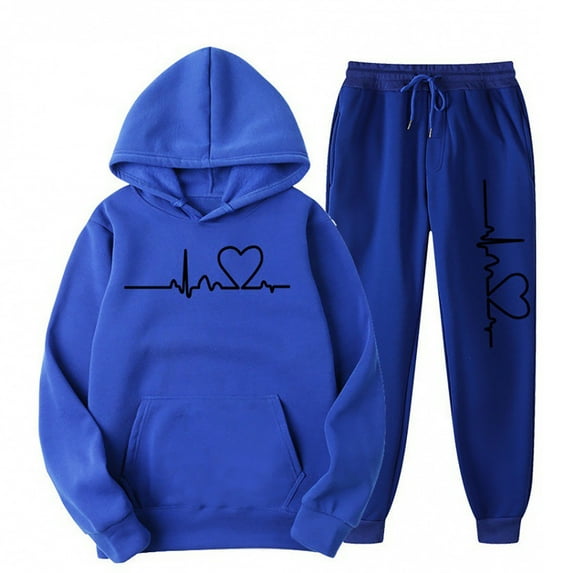 Women's Sweatshirt Sweatpants Sets Oversized Long Sleeve Pullover Jogger Comfy Valentine's Day Sets Hooded Tracksuits Set with Pocket Blue XL