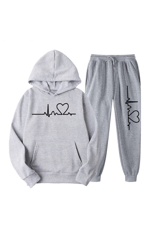 Women's Sweatshirt Sweatpants Sets Oversized Long Sleeve Pullover Jogger Comfy Valentine's Day Sets Hooded Tracksuits Set with Pocket Gray L