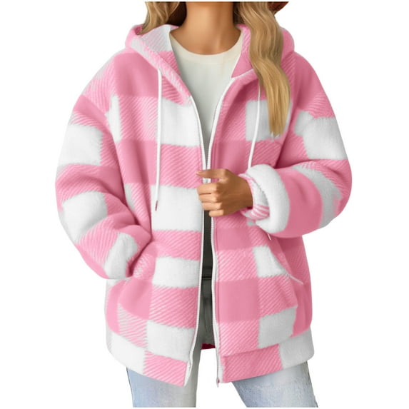 Women's Sweatshirt Tops Coats Oversized Sherpa Jacket Fuzzy Fleece Zip Up Jacket Warm Winter Coats Faux Fur Coat with Pockets Hooded Plaid Cardigan