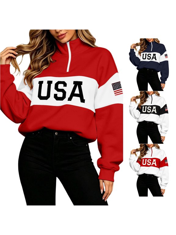 Women's Sweatshirt USA Letter Flag Patch Quarter-Zip Neck Pullover Long Sleeve Sweatshirt Streetwear Holiday Top