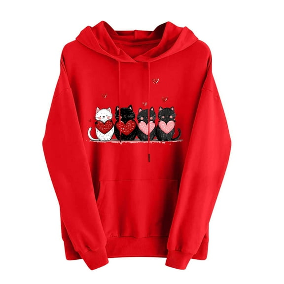 Women's Sweatshirt Valentine's Day Print Hoodies Long Sleeve Sweatshirts Hooded Pullover Tops with Pocket Hooded Sweatshirts Casual Hoodie