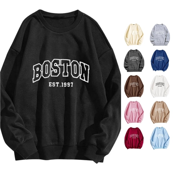 Women's Sweatshirt Vintage Boston Letter Graphic Crew Neck Long Sleeve Pullover Top Streetwear Y2K Sweatshirt