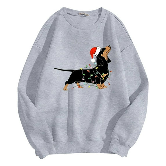 Women's Sweatshirt Winter Christmas Dog Printed Long Sleeve Crew Neck Pullover Tops Regular Casual Cozy Soft Loose Fall Women Sweatshirt Light Gray M