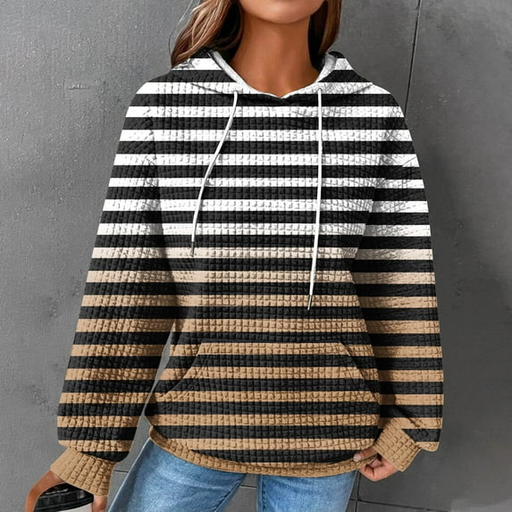 Women's Sweatshirt Women'S Winter Hooded Sweatshirt Loose Casual Striped Print Round Neck Hooded Long Sleeve Sweatshirt,Sweatshirts for Women Trendy Crewneck Sweatshirt