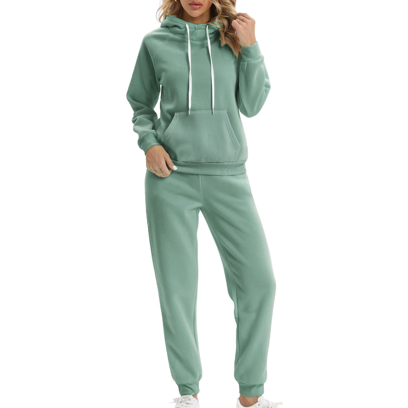 Women s Sweatshirt and Sweatpants Set Solid Color Long Sleeve Hoodie Top and Jogger Pants 2 Piece Casual Sweatsuit Outfits Green 2XL Walmart