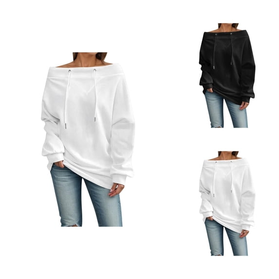 Women's Sweatshirts 2025 Long Sleeve Off Shoulder Drawstring Trendy Casual Pullover Tops Sweatshirt for Women