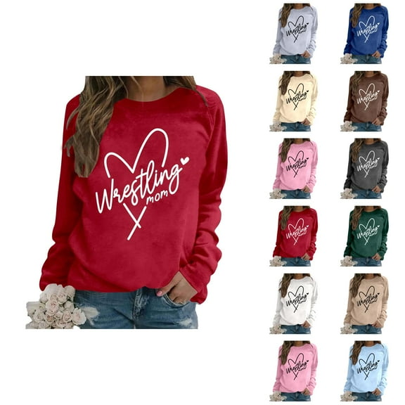Women's Sweatshirts 2025 Wrestling Mom Sweatshirt Long Sleeve Crewneck Loose Pullover Tops Sweatshirt for Women