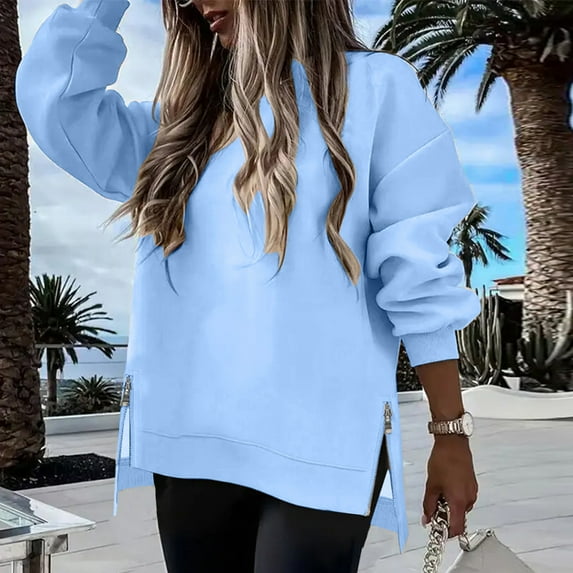 Women's Sweatshirts Casual Crewneck Long Sleeve Tunic Pullover Shirts Side Zipper Loose Pullover Tops