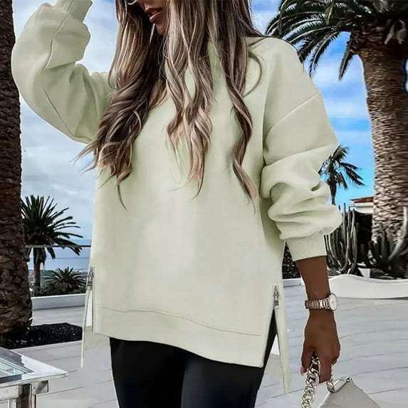 Women's Sweatshirts Casual Crewneck Long Sleeve Tunic Pullover Shirts Side Zipper Loose Pullover Tops