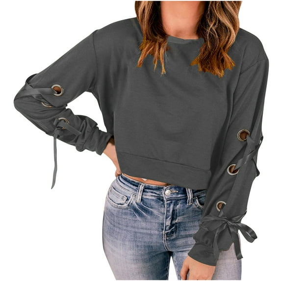 Women's Sweatshirts MaFYtyTPR Women's Fashion Summer Round Neck Leisure Long Sleeve Solid Tops M Gray