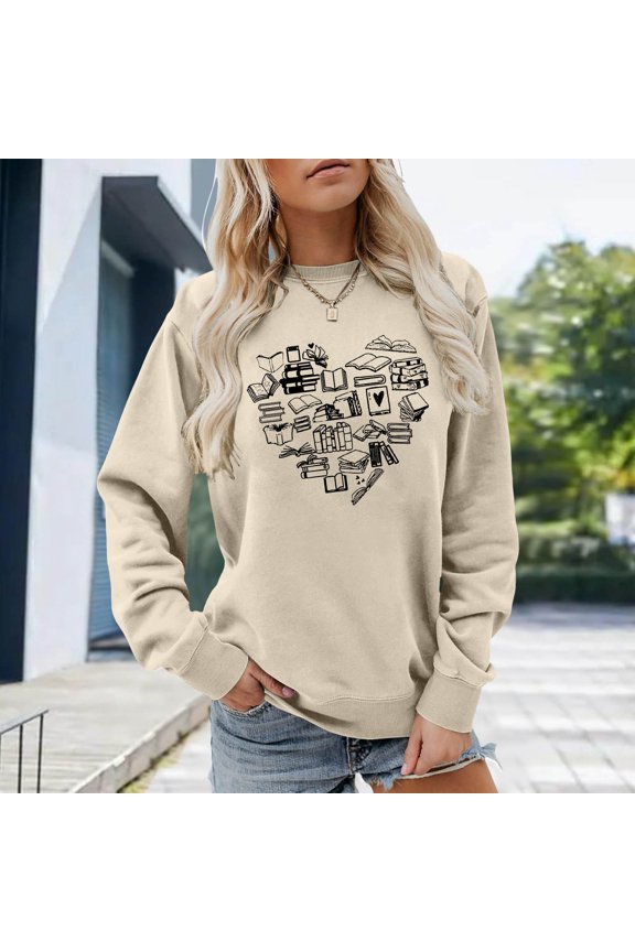 Women's Sweatshirts Cozy Drop Shoulder Love Heart Print Crewneck Long Sleeve Pullover Top for Everyday Wear Beige XXL