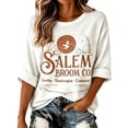thumbnail image 1 of Women's Sweatshirts Crew Neck 3/4 Sleeve Vintage Washed Witch Broom Graphic Pullover Loose Fit Casual Fall Halloween Daily Wear Top White L, 1 of 3