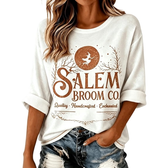 Women's Sweatshirts Crew Neck 3/4 Sleeve Vintage Washed Witch Broom Graphic Pullover Loose Fit Casual Fall Halloween Daily Wear Top White L