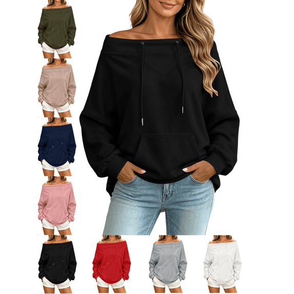 Women's Sweatshirts Crewneck Off Shoulder Sweatshirt with Pocket Casual Loose Fit Daily Outfits Fall Winter Tops