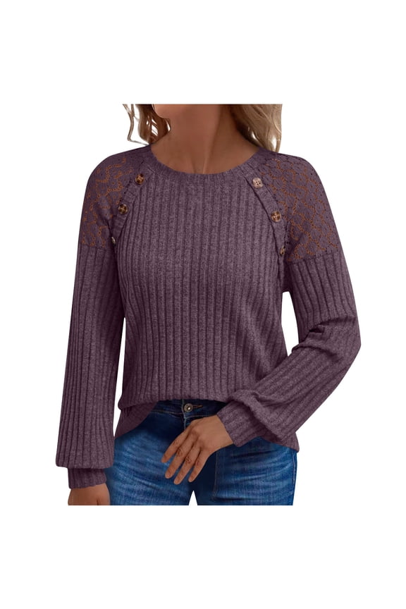 Women's Sweatshirts Eleagnt Long Sleeve Tops Womens Lightweight Knit Sweaters Crew Neck Blouses Ribbed Casual Tunics Tops Essential Womens Knitwear Holiday Work Office Work Shirts