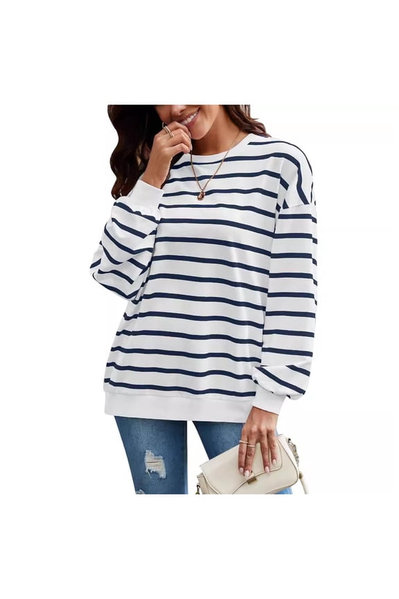 Women's Sweatshirts Fall Relaxed Fit Crewneck Long Sleeve Rolled One Shoulder with Pocket Stripe Leisure Cotton Pullover Tops(White,M)