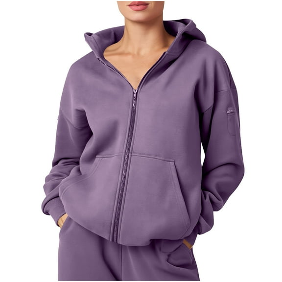 Women's Sweatshirts Fashion Casual Full Zip Long Sleeve Hoodies Lightweight Loose Daily Hooded Sweatshirt Purple XXL
