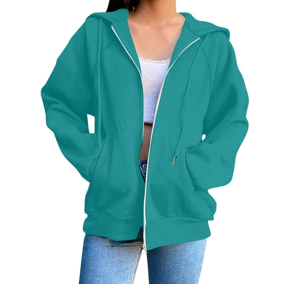 Women's Sweatshirts Fashion Casual Full Zip Long Sleeve Hoodies Lightweight Loose Daily Hooded Sweatshirt Sky Blue S