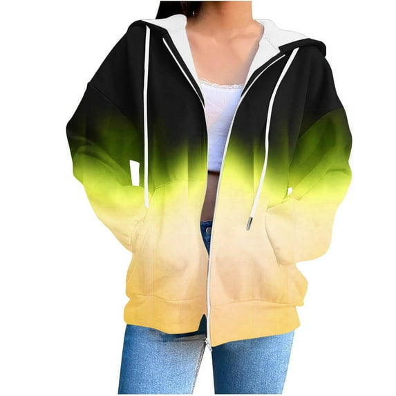 Women's Sweatshirts Fashion Casual Full Zip Long Sleeve Hoodies Lightweight Loose Daily Hooded Sweatshirt Yellow M