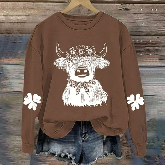 Women's Sweatshirts Fashion Retro Cow Print Hoodless Sweatshirt Fall Blouses Winter Long Sleeved Sweat Shirt Pullover Tops