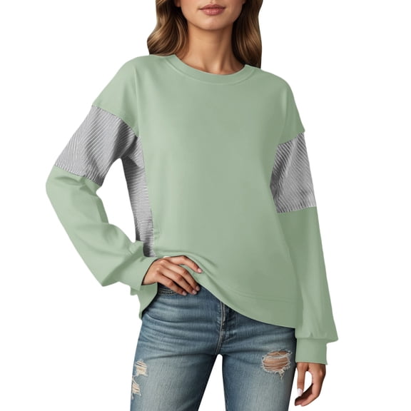 Women's Sweatshirts Lightweight Fall Fashion Long Sleeve Color Block Blouses Trendy Casual Round Neck Loose Fit Tunic Tops