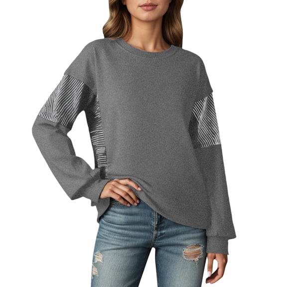 Women's Sweatshirts Lightweight Fall Fashion Long Sleeve Color Block Blouses Trendy Casual Round Neck Loose Fit Tunic Tops