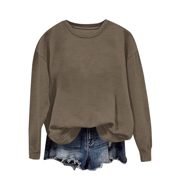 Women's Sweatshirts Lightweight Long Sleeve Crew Neck Solid Color Tops Khaki L