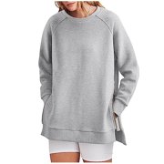 FAKKDUK Women's Sweatshirts Long Sleeve Tunic Tops Crew Neck Soft Pullover With Side Zipper Shirt Clothes 2023 Womens Oversized Crewneck Sweatshirts Pullover Workout Tops, Gray&S