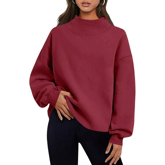Women's Sweatshirts Mock Neck Long Sleeve Solid Color Plus Size Fall Tops Wine L