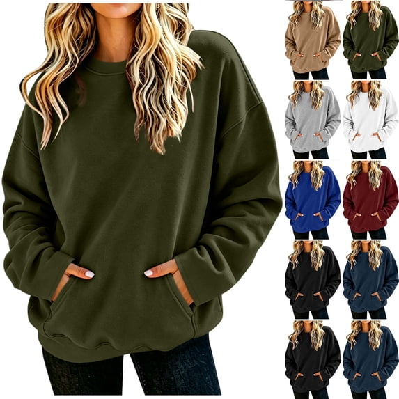 Women's Sweatshirts Oversized Fashion Solid Casual Round Neck Long Sleeve Ladies with kangaroo pocket