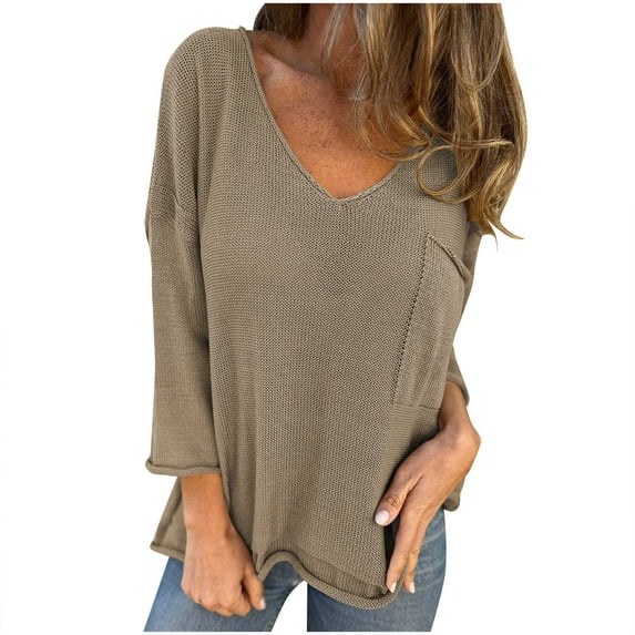 Women's Sweatshirts, Plus Size Tops for Women Fall Long Sleeve V Neck Shirts Pocket Casual Solid Shirts Oversized Knit Tunic Clothes