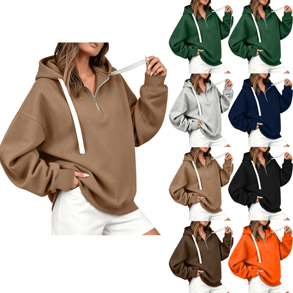Women's Sweatshirts Plus Size Trendy Half Zip Hoodie Long Sleeve Drawstring Sweatshirt Side Split Loose Fall Tops