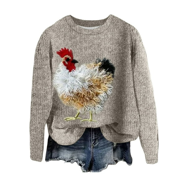 Women's Sweatshirts Pullover Shirts Fashion Christmas Chicken Printed Thick Round Neck Street Trend Knited Hoodless Hoodies Fall Trendy Outfits 2025 Winter Sweater Beige-L