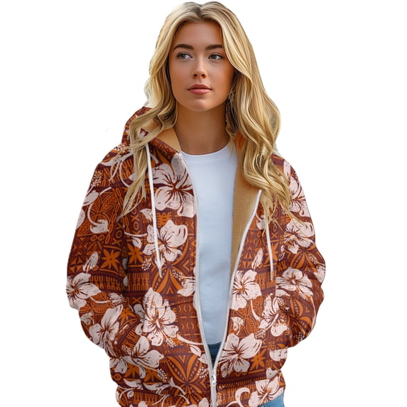 Women's Sweatshirts Winter Floral Color Print Long Hoodie zipper cardigan Padded lining