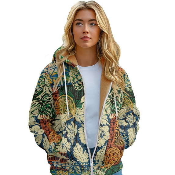 Women's Sweatshirts Winter Floral Color Print Long Hoodie zipper cardigan Padded lining