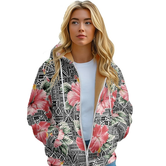 Women's Sweatshirts Winter Floral Color Print Long Hoodie zipper cardigan Padded lining