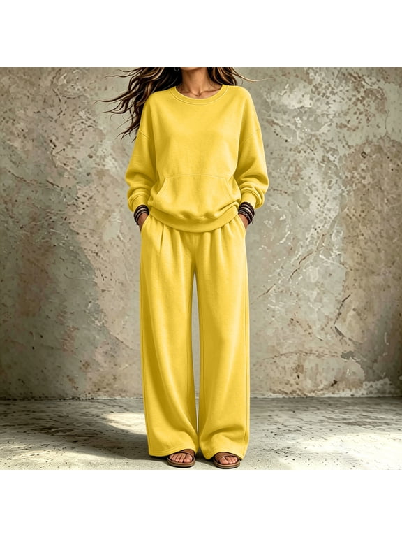 Women's Sweatsuit 2 Piece Outfit Long Sleeve Crew Neck Sweatshirt with Kangaroo Pocket Wide Leg Pants Soft Relaxed Fit Casual Lounge Wear Set for Fall Winter Daily Wear Yellow M