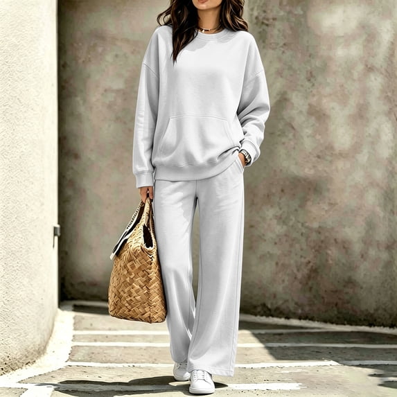 Women's Sweatsuit 2 Piece Outfit Long Sleeve Crew Neck Sweatshirt with Kangaroo Pocket Wide Leg Pants Soft Relaxed Fit Casual Lounge Wear Set for Fall Winter Daily Wear White L