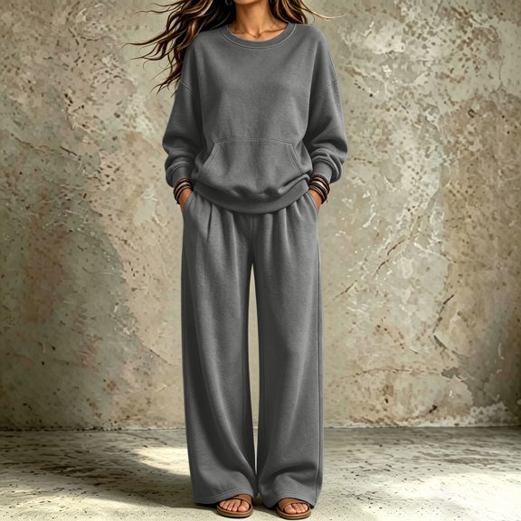 Women's Sweatsuit 2 Piece Outfit Long Sleeve Crew Neck Sweatshirt with Kangaroo Pocket Wide Leg Pants Soft Relaxed Fit Casual Lounge Wear Set for Fall Winter Daily Wear Dark Gray L