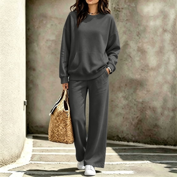 Women's Sweatsuit 2 Piece Outfit Long Sleeve Crew Neck Sweatshirt with Kangaroo Pocket Wide Leg Pants Soft Relaxed Fit Casual Lounge Wear Set for Fall Winter Daily Wear Dark Gray M