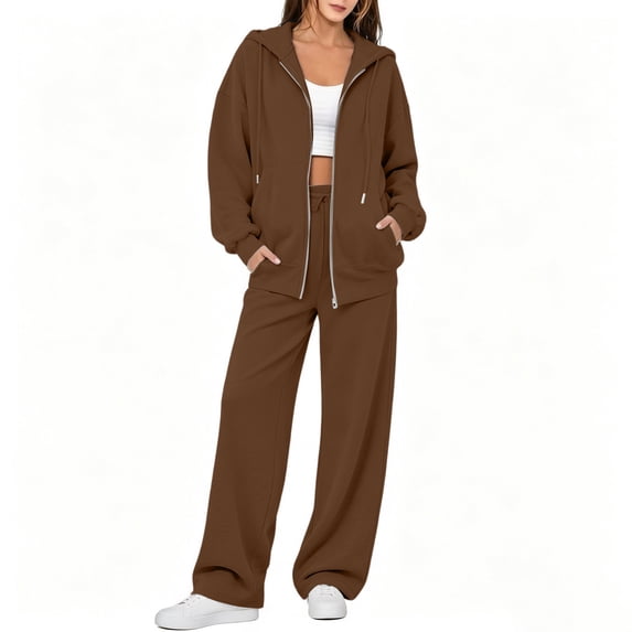 Women's Sweatsuit 2 Piece Outfit Long Sleeve Full Zip Hooded Jacket with Drawstring Wide Leg Pants Relaxed Fit Casual Lounge Wear Tracksuit Set for Fall Winter Daily Brown XL